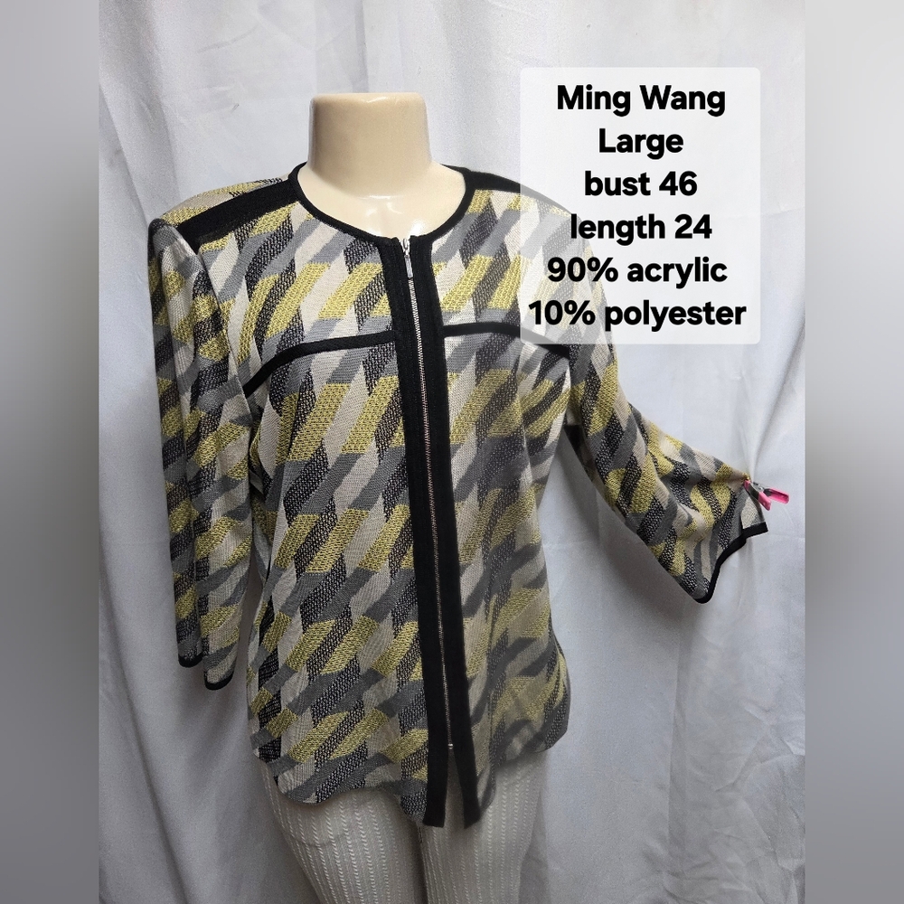 Ming Wang Yellow and Black Patterned Zip Cardigan